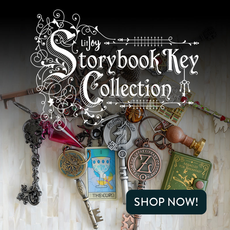 The Storybook Key Collection featuring various literature-themed collectible keys and charms with a button that says "Shop Now"