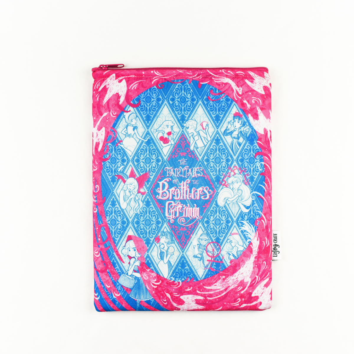 Grimm&#39;s Fairy Tales Booksleeve is pink and blue with the words &quot;The Fairytales of the Brother&#39;s Grimm&quot; and characters from fairy tales