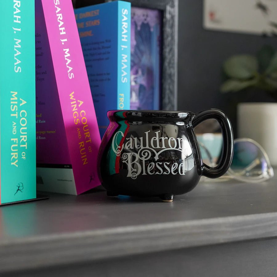Black ACOTAR Cauldron Blessed Mug with &quot;Cauldron Blessed&quot; written on the side