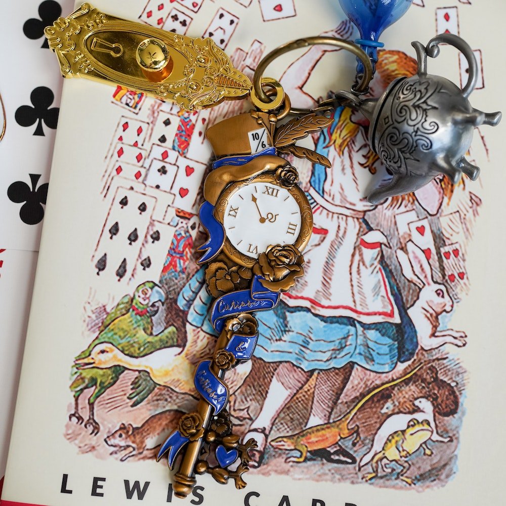 Alice in Wonderland Key with Door Knob, Mad Hatter Teapot, and Glass Bottle charms.
