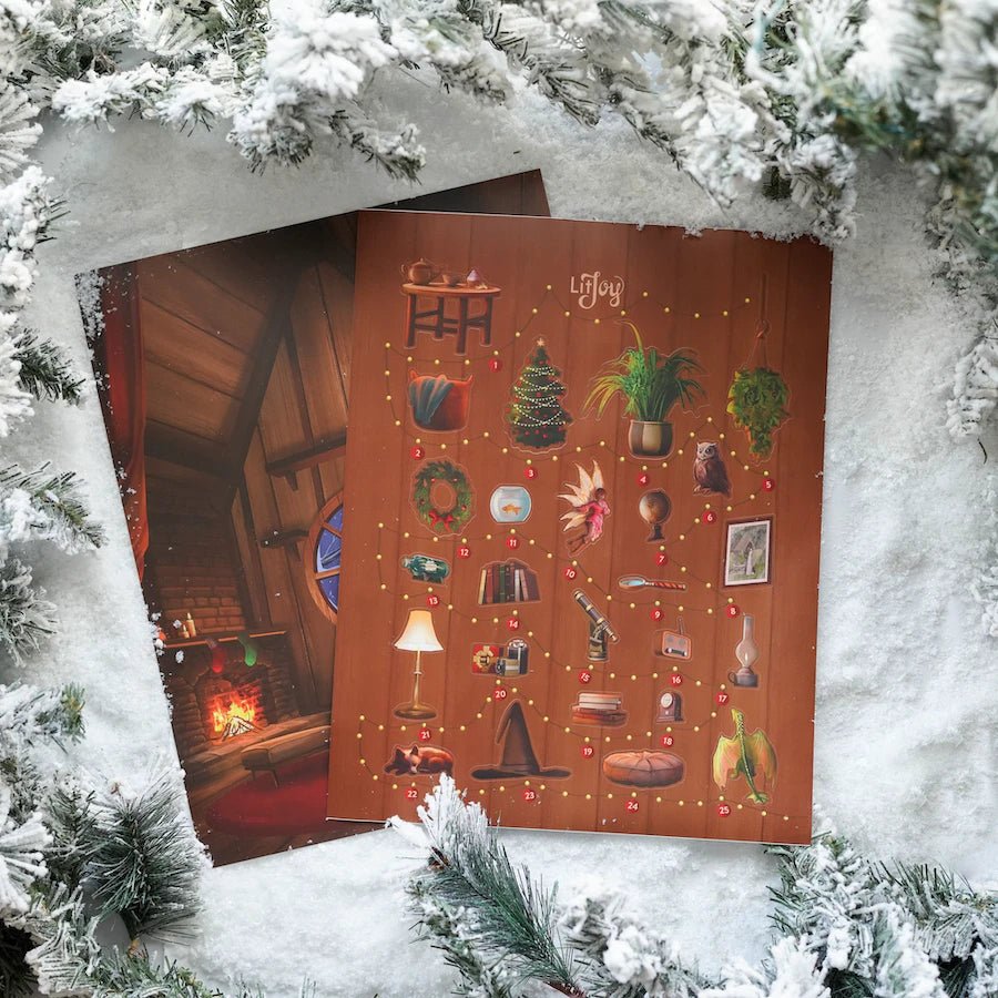 On the poster, a cat reads in a room. The 25 stickers include a wreath, a witch hat, a dragon, a Christmas tree, and more!