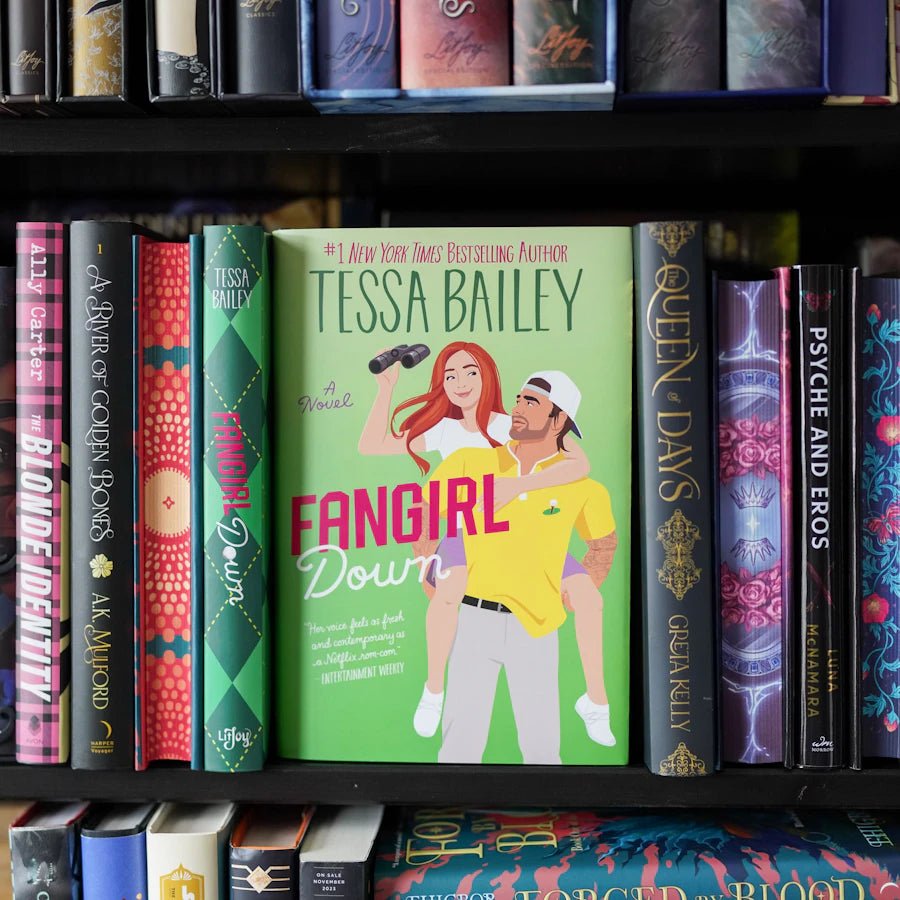 Fangirl Down Special Edition by Tessa Bailey depicting scenes of Wells and Josephine from the book