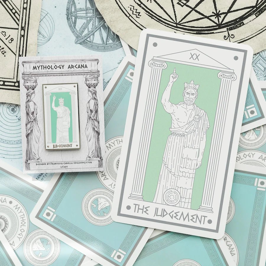 Minos Judgment, Mythology Tarot Enamel Pin features Minos with a horned medallion and the Minotaur&#39;s labyrinth.