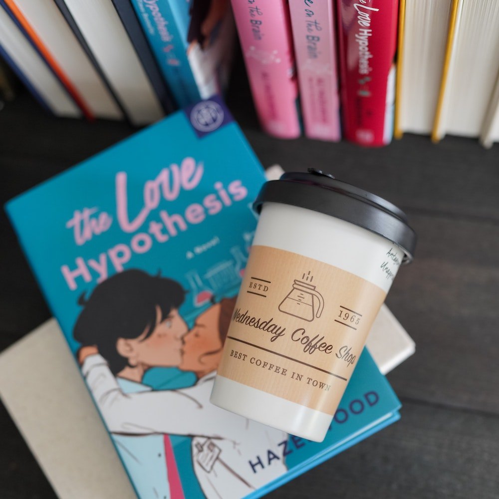 The Love Hypothesis Coffee Cup with a Wednesday Coffee Shop logo and coffee specification checkboxes