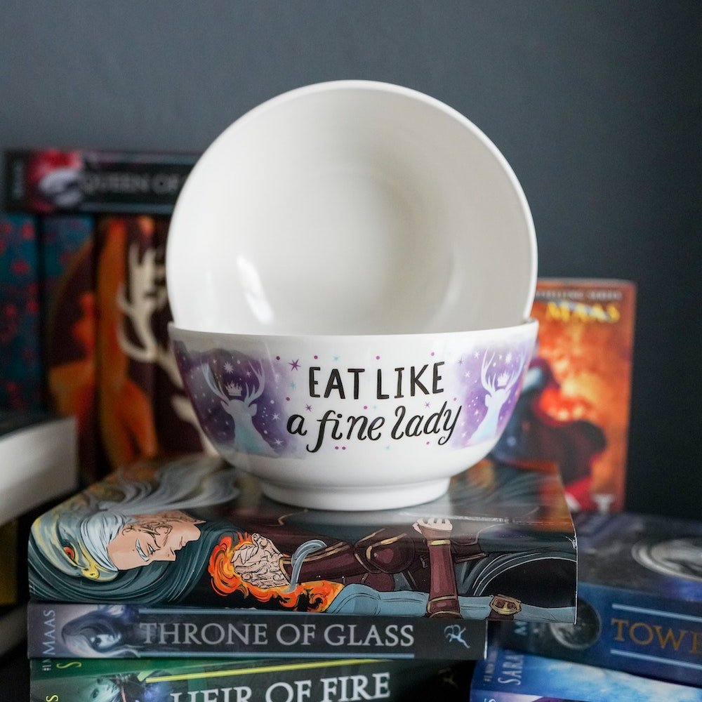 Throne of Glass Bowl Set with images of a starry purple sky, a stag wearing a crown, and the quote, &quot;Eat like a fine lady.&quot;