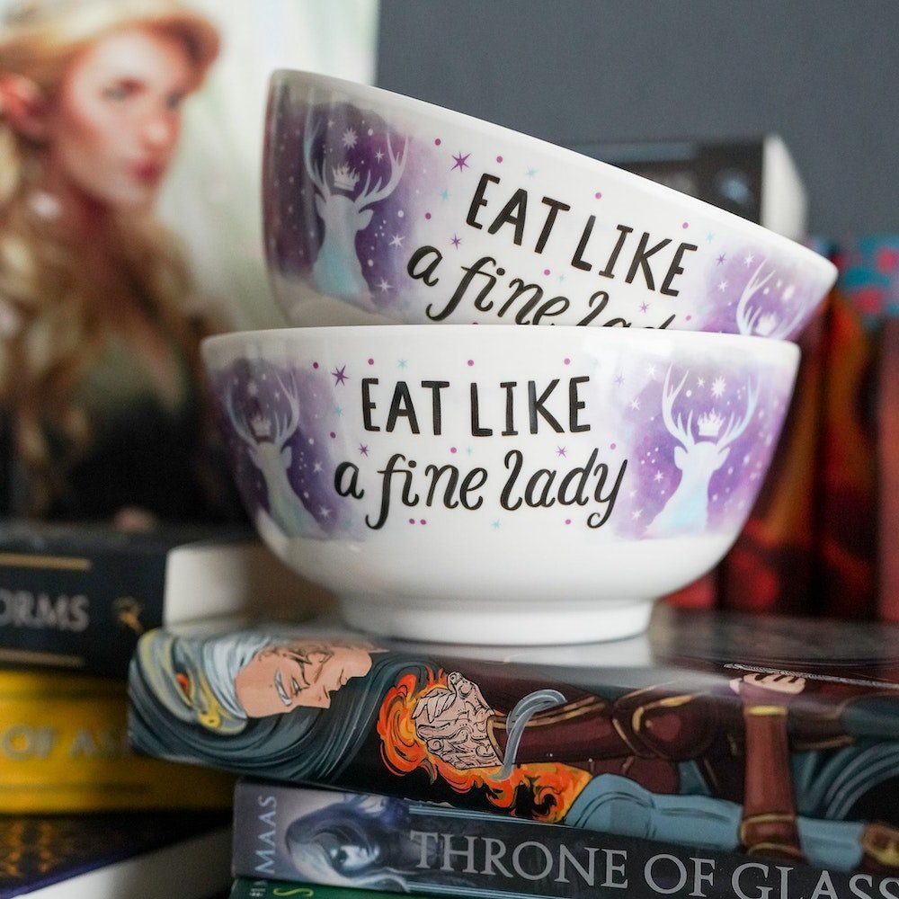 Throne of Glass Bowl Set with images of a starry purple sky, a stag wearing a crown, and the quote, &quot;Eat like a fine lady.&quot;