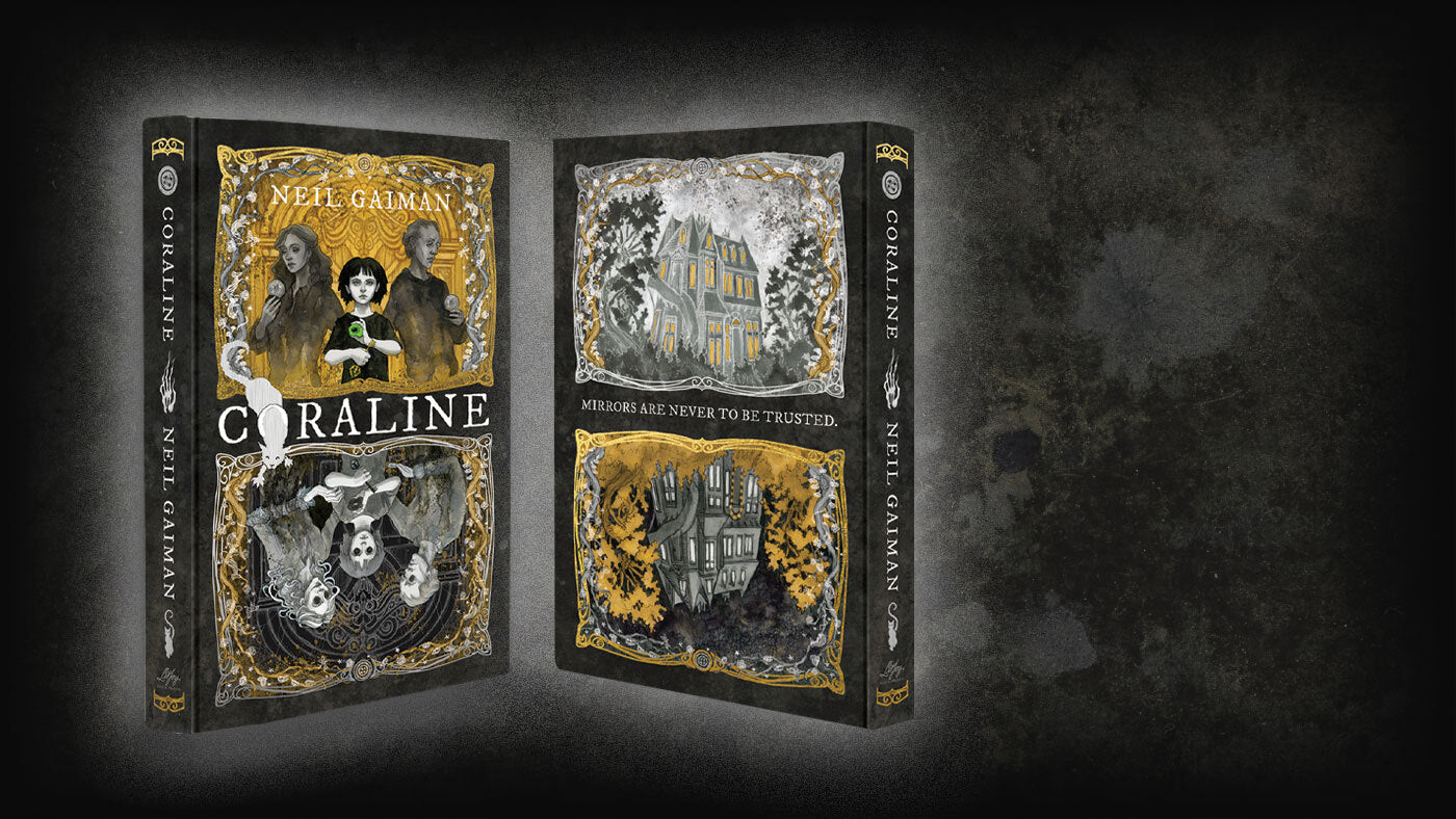 Coraline Front and Back Covers featuring Coraline and her parents and foiled elements on the cover 