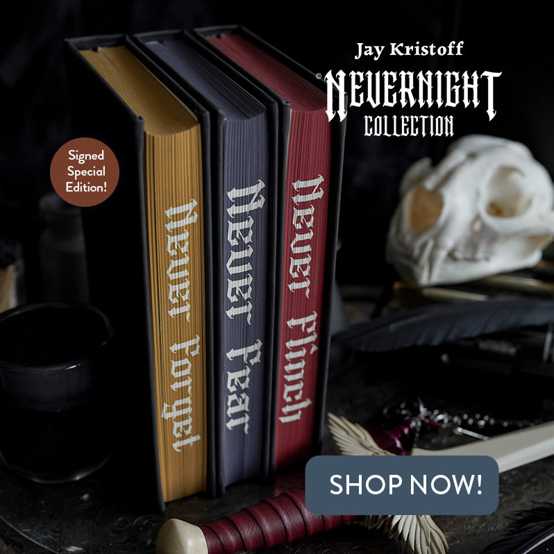 Jay Kristoff's Nevernight Collection featuring the trilogy of special edition books among a dagger and cat skull, with a button that says "Shop Now"