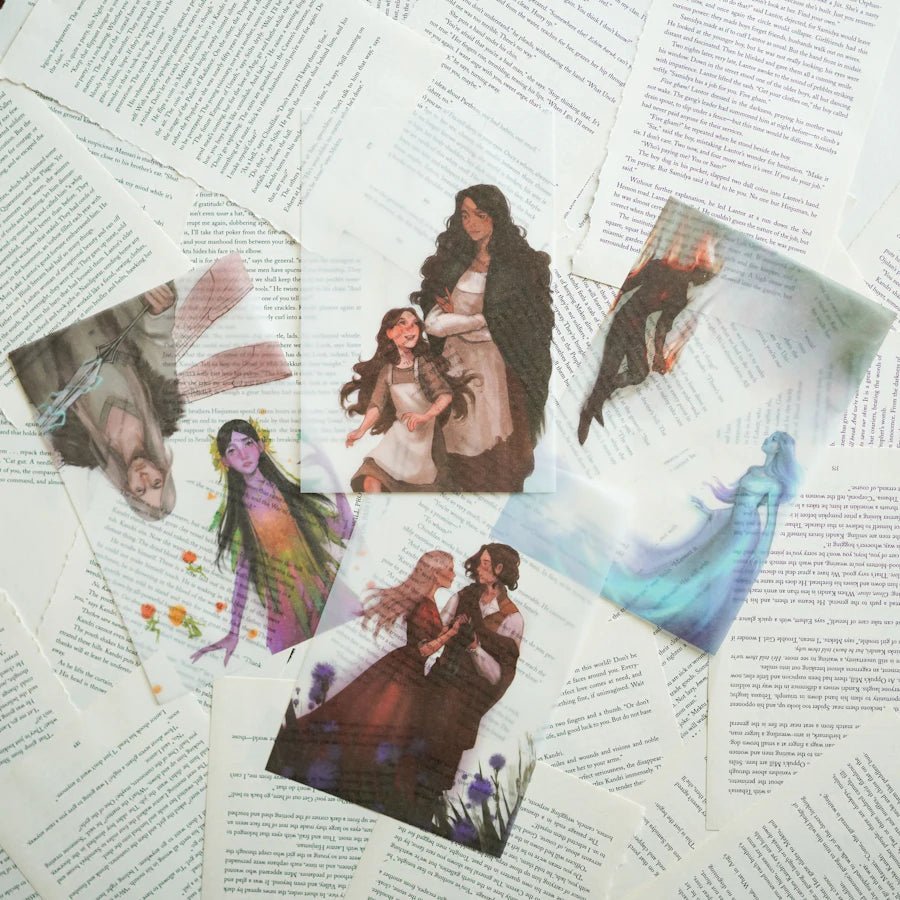 A River Enchanted Page Overlays are 4 vellum sheets including character art of Sidra and Maisie, the elements, and more. 