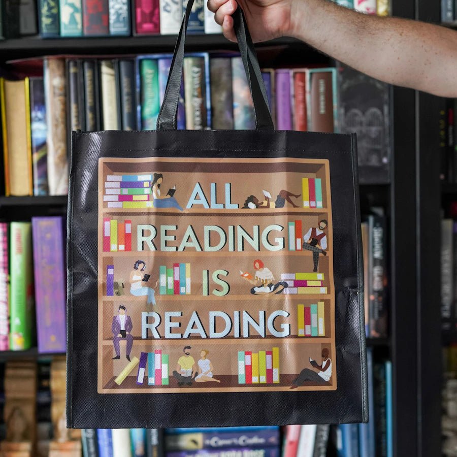 All Reading is Reading Reusable Grocery Bag black bag with readers on books, e-readers, and listening on headphones