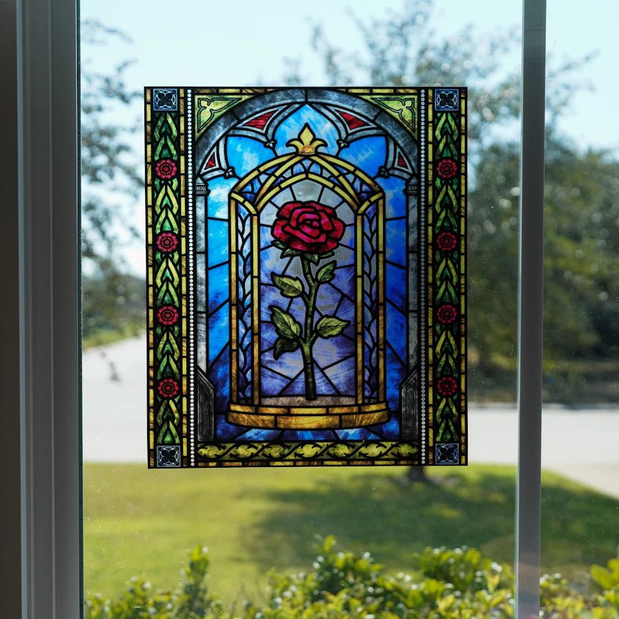 Beauty and the Beast Stained Glass window cling with the image of the iconic rose from the story in a stained glass window