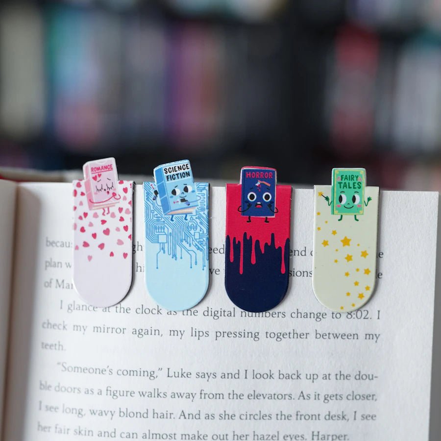 Set of 4 Book Emoji Magnetic Bookmarks, each with a book emoji celebrating the genres of romance, sci-fi, fantasy, and horror