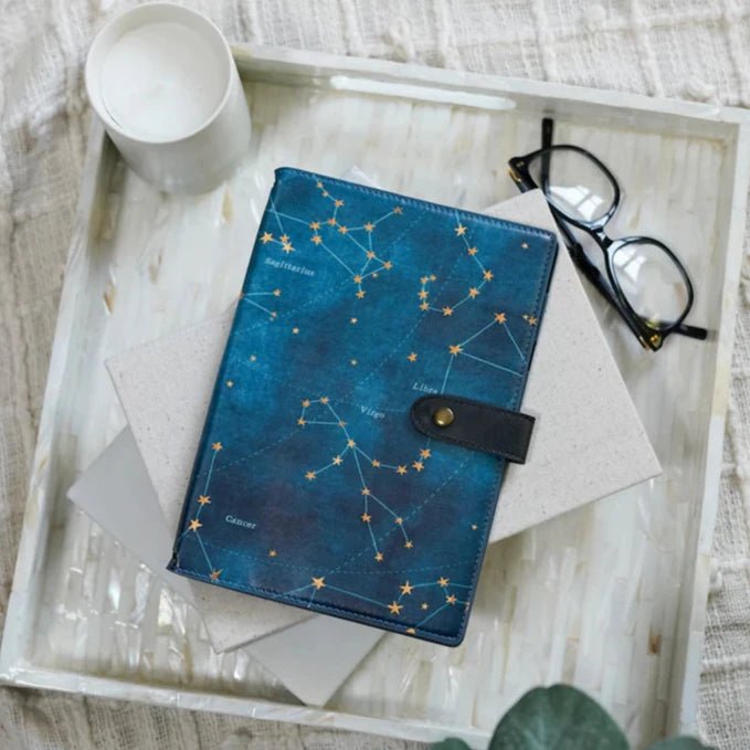 Build Your Own Planner: Astrology Cover—blue cover with stars and astrological symbols—pockets and loops for inserts inside