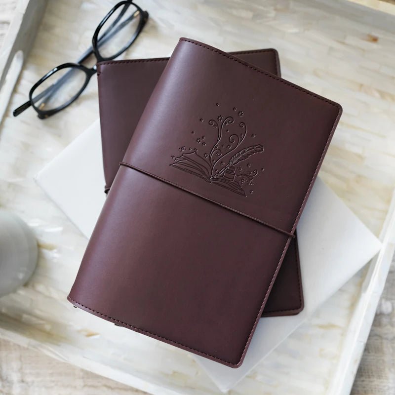 Build Your Own Planner: Book and Quill Cover—brown PU leather cover with embossed design—pockets and loops for inserts inside