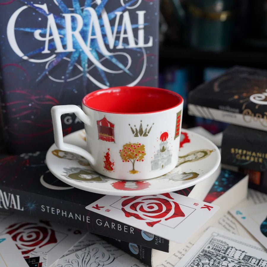 Caraval Tea Cup—collectible set with elements of Stephanie Garber&#39;s story around the cup and characters around the saucer