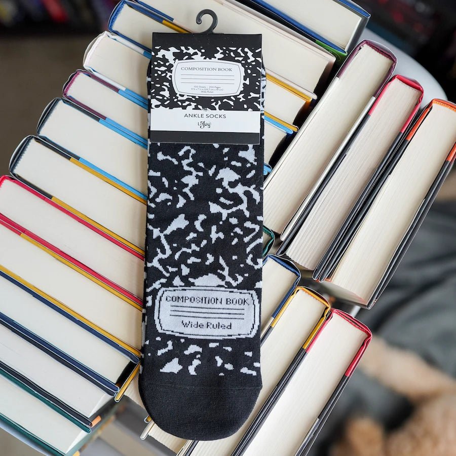Composition Notebook Socks are socks with a composition notebook cover pattern.