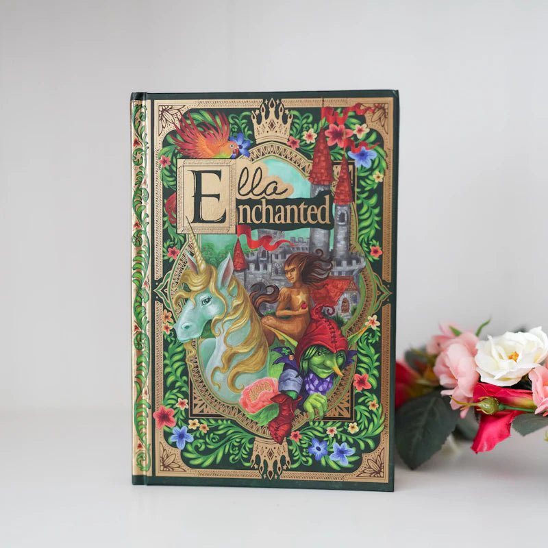 Ella Enchanted book where Fairytale characters from fill the front and back oval frames, surrounded by green and gold embossed borders.