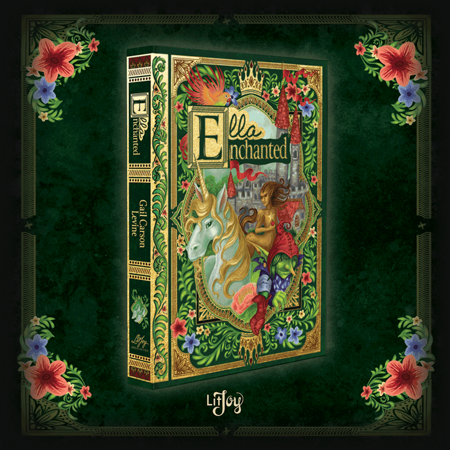 Fairytale characters from Ella Enchanted fill the front and back oval frames, surrounded by green and gold embossed borders.
