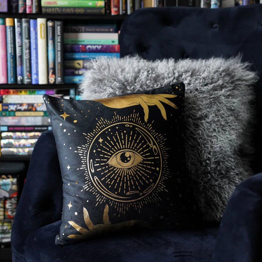 Fortune Teller Pillowcase—soft black velvet-feel pillowcase with gold-foiled hands, stars, and crystal ball design