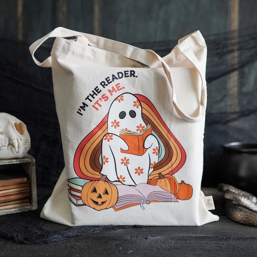 I'm the Reader, It's Me Tote Bag canvas book tote bag that says "I'm the reader, it's me" with patterned ghost reading