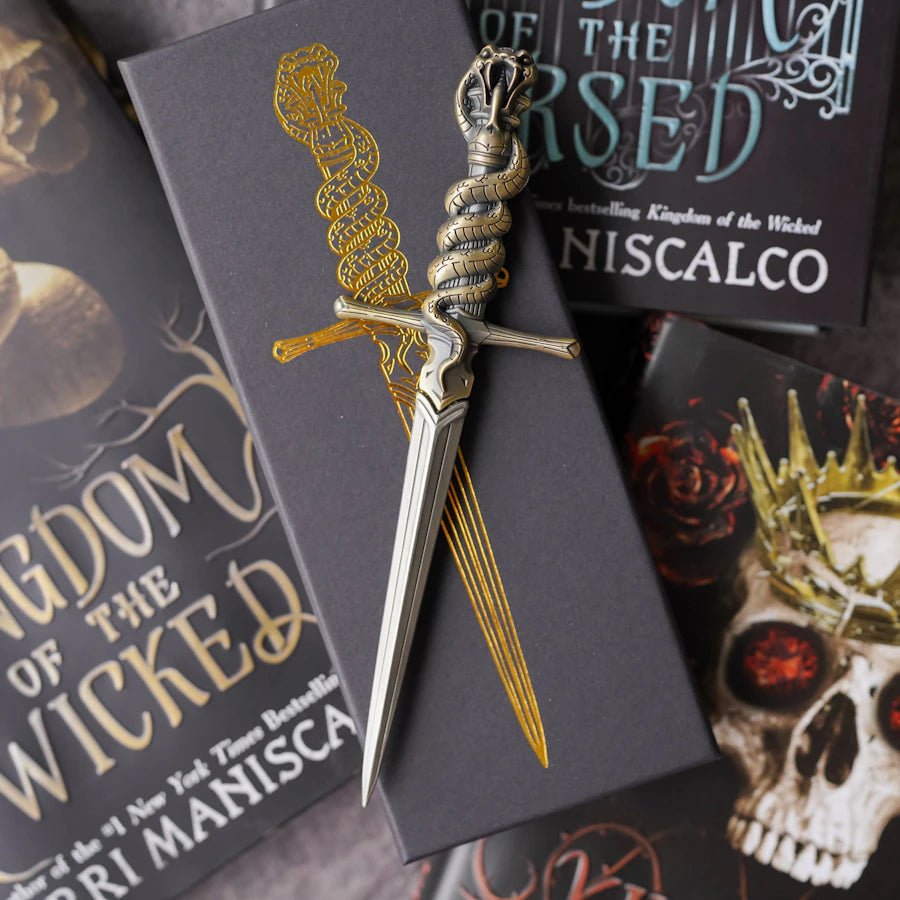 LitJoy&#39;s Kingdom of the Wicked Wrath Replica Letter Opener is a brass-plated dagger letter opener with a snake-wrapped hilt.