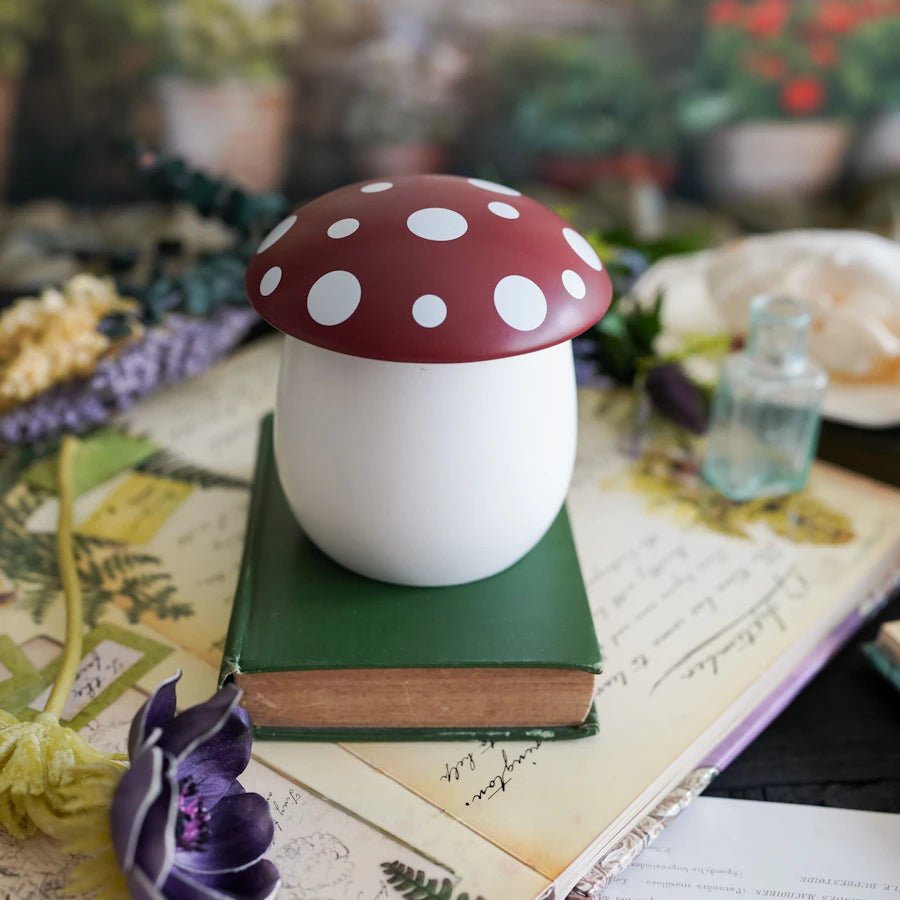White candle vessel with red and white spotted mushroom cap lid, packaged in a whimsical mushroom-covered box in true cottagecore style