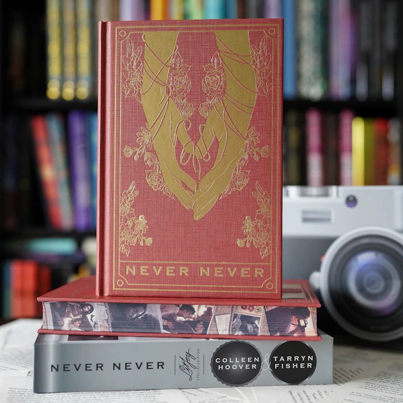 Signed special edition of Never Never by Colleen Hoover and Tarryn Fisher with new cover, edges, endpaper art, and slipcase