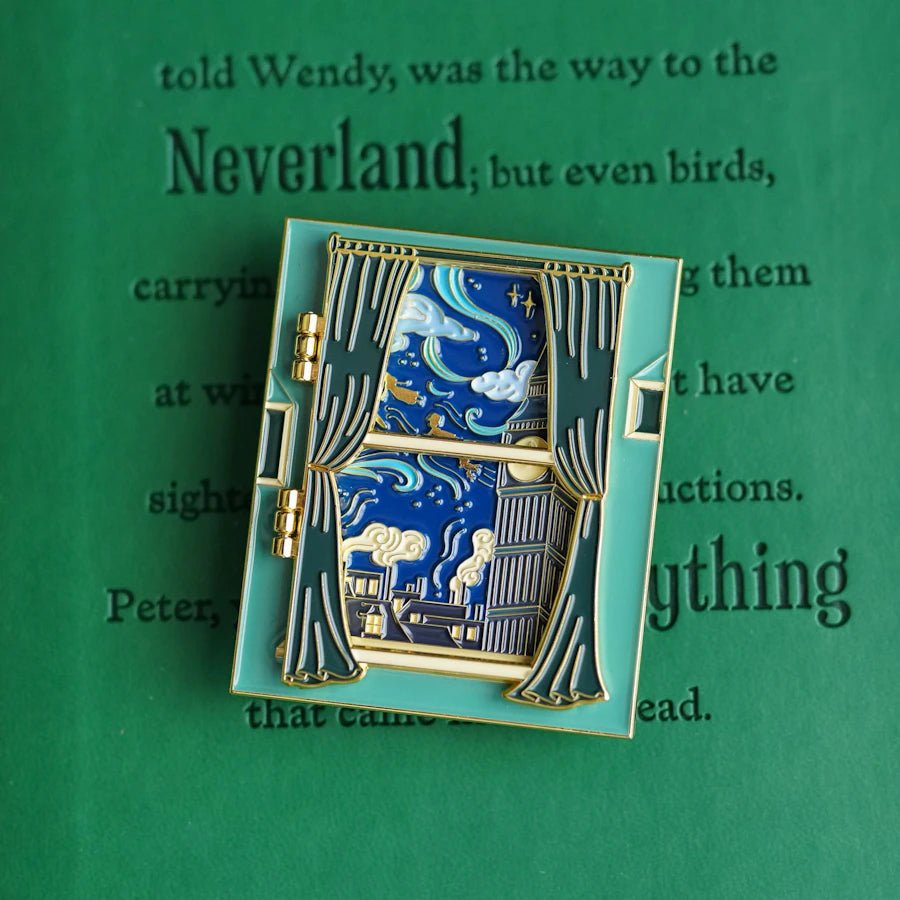 Peter Pan Literary Window Enamel Pin—a hinged window pin with a view of the London skyline and Peter and the children flying