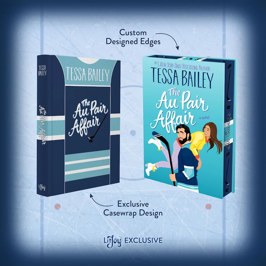 The Au Pair Affair LitJoy Edition by Tessa Bailey depicting scenes of Burgess and Tallulah from the book and a new cover