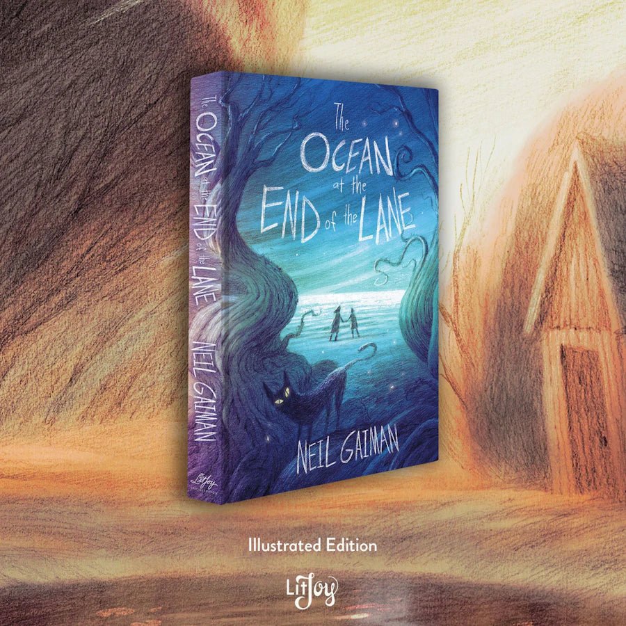 The Ocean at the End of the Lane book cover: trees flank the sides, two kids hold hands in a field, a black cat peers out