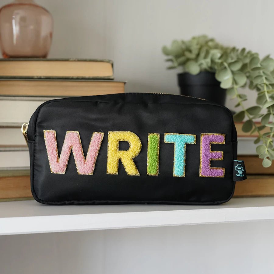 Write Puffy letter Zipper Pouch is a black pencil pouch with rainbow letters and gold sparkles to add some fun to your desk!