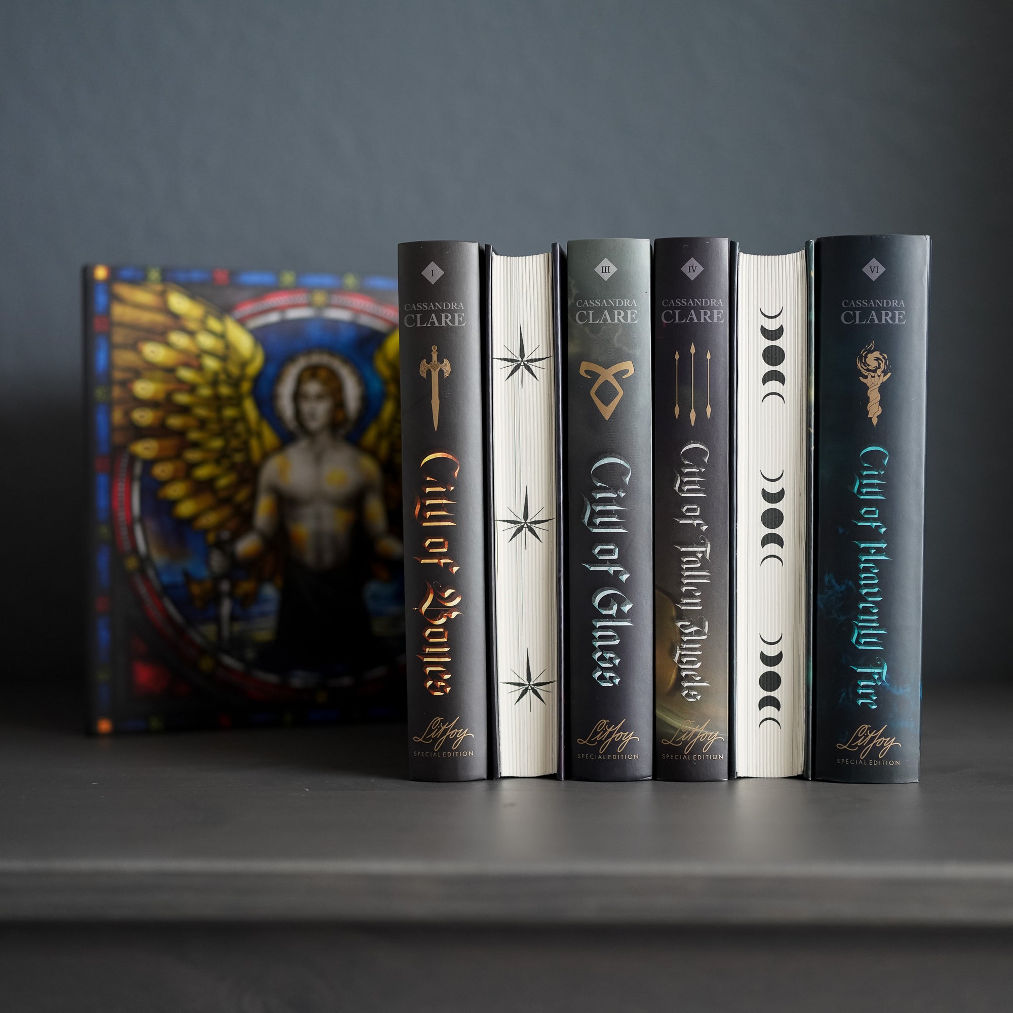 Special Edition The Mortal Instruments Box Set showing book spines and designed page edges with Shadowhunter runes