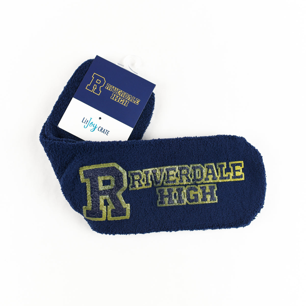 Riverdale Fuzzy Socks are dark blue with gold writing on the bottom of &quot;Riverdale High&quot;