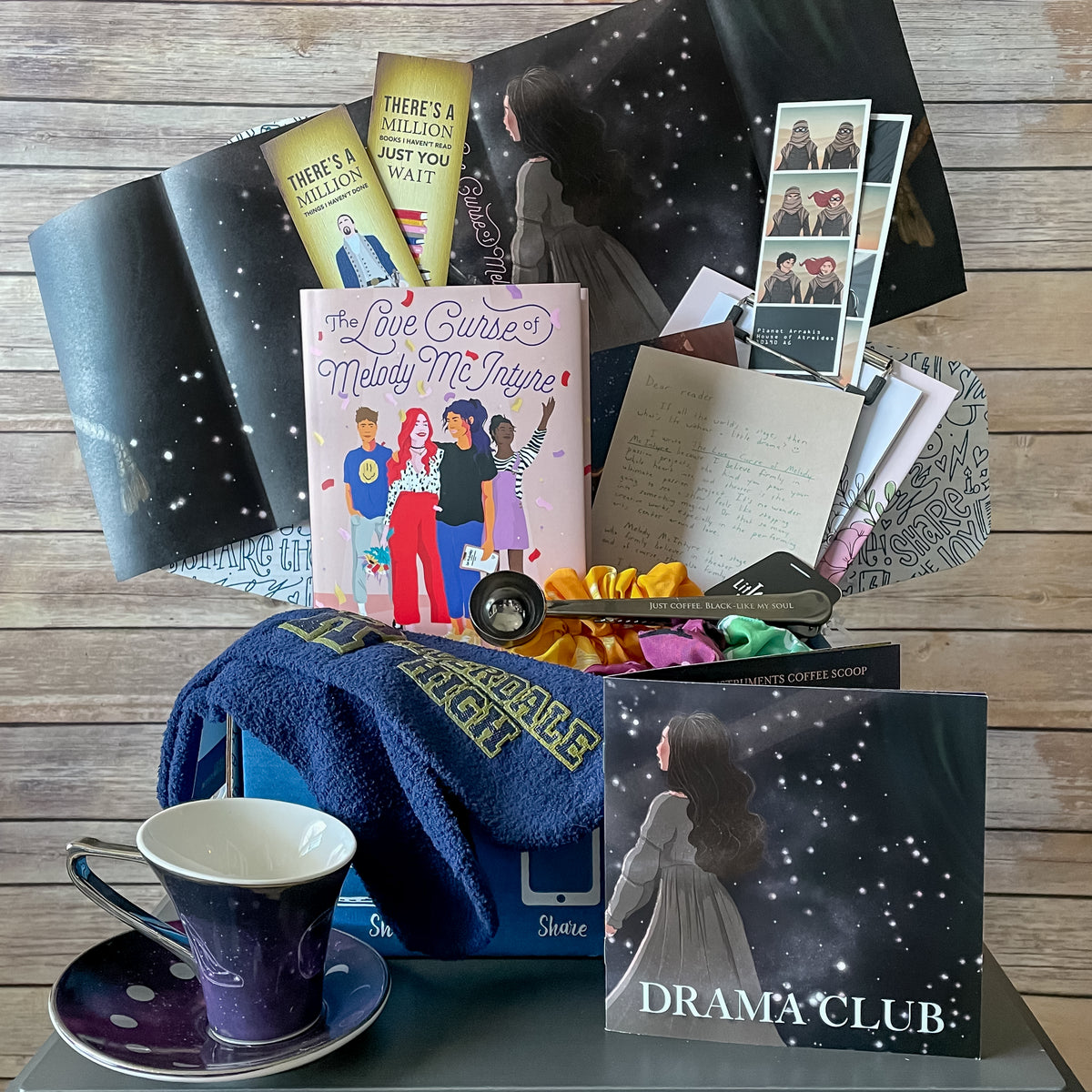 Drama Club Crate includes The Love Curse of Melody McIntyre, Clipboard, Hamilton Woodmark, Lunar Chronicles Teacup and more
