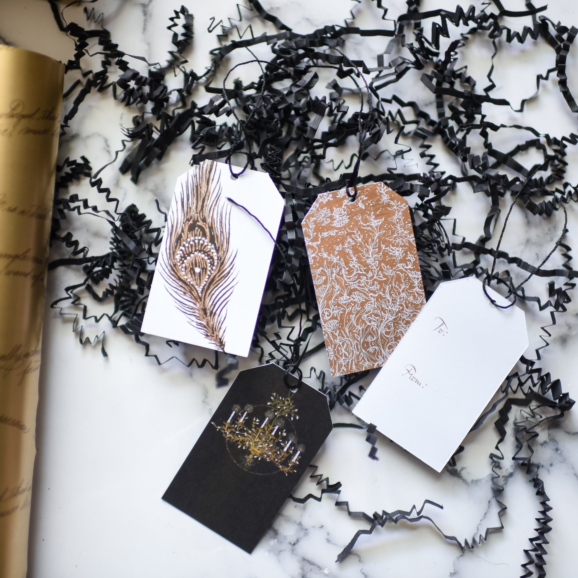 Black, gold, and white Classic Literature Gift Tags with romantic classics themes and white backing with "to" and "from"