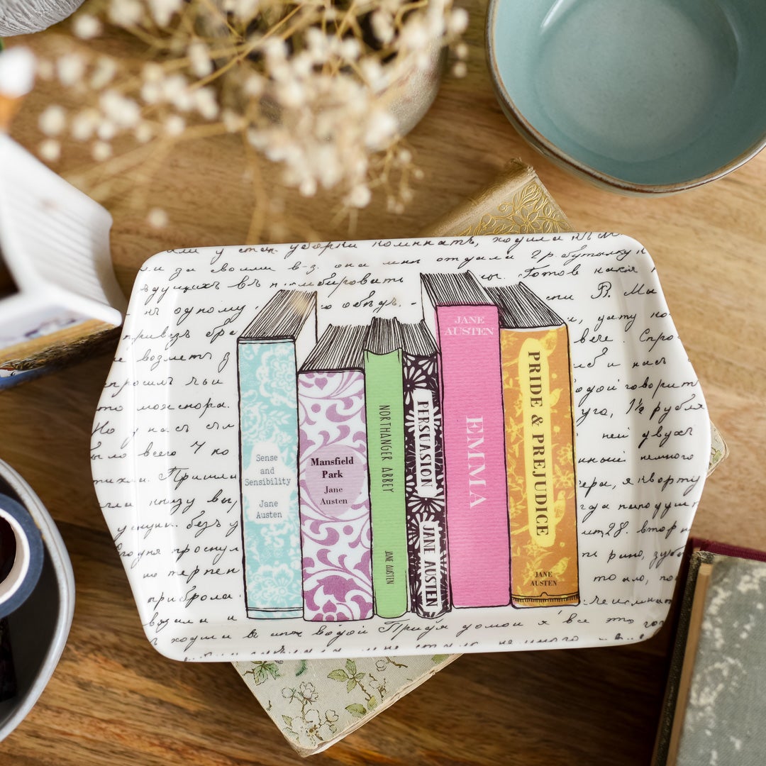 Jane Austen Tray with the spines of colorful classics: Sense and Sensibility, Mansfield Park, Northanger Abbey, Persuasion, Emma, and Pride and Prejudice