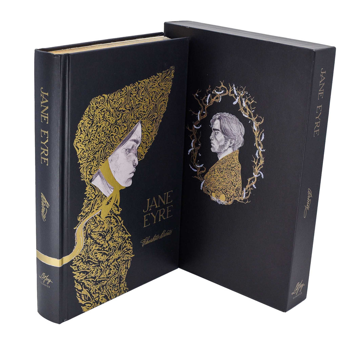 Jane Eyre by Charlotte Bronte hardcover special edition book with black cover and gold portraits of Jane and Mr. Rochester