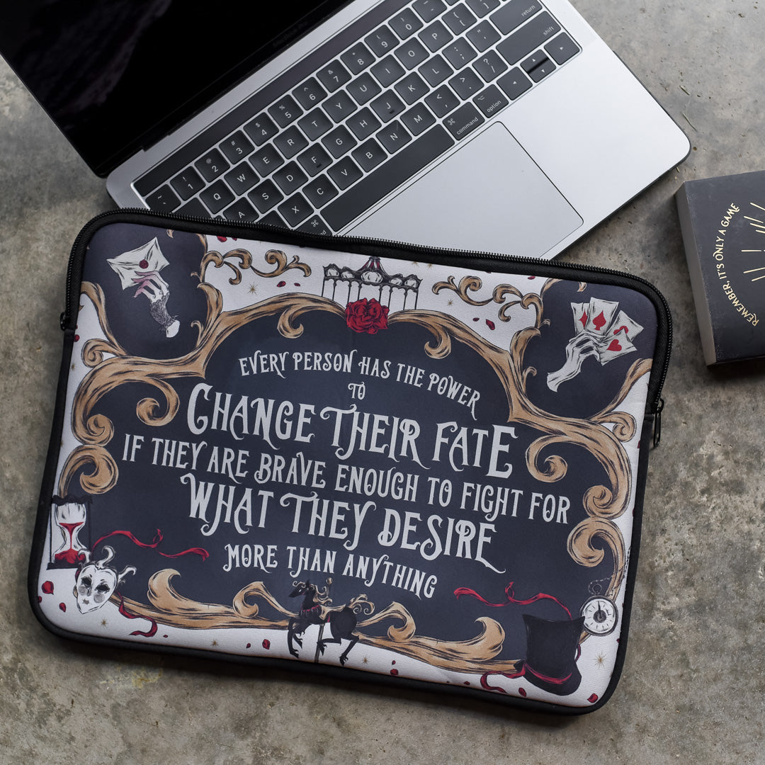 Caraval Laptop Sleeve has vintage circus artwork and quote “Every person has the power to change their fate if they are brave enough to fight for what they desire more than anything.”