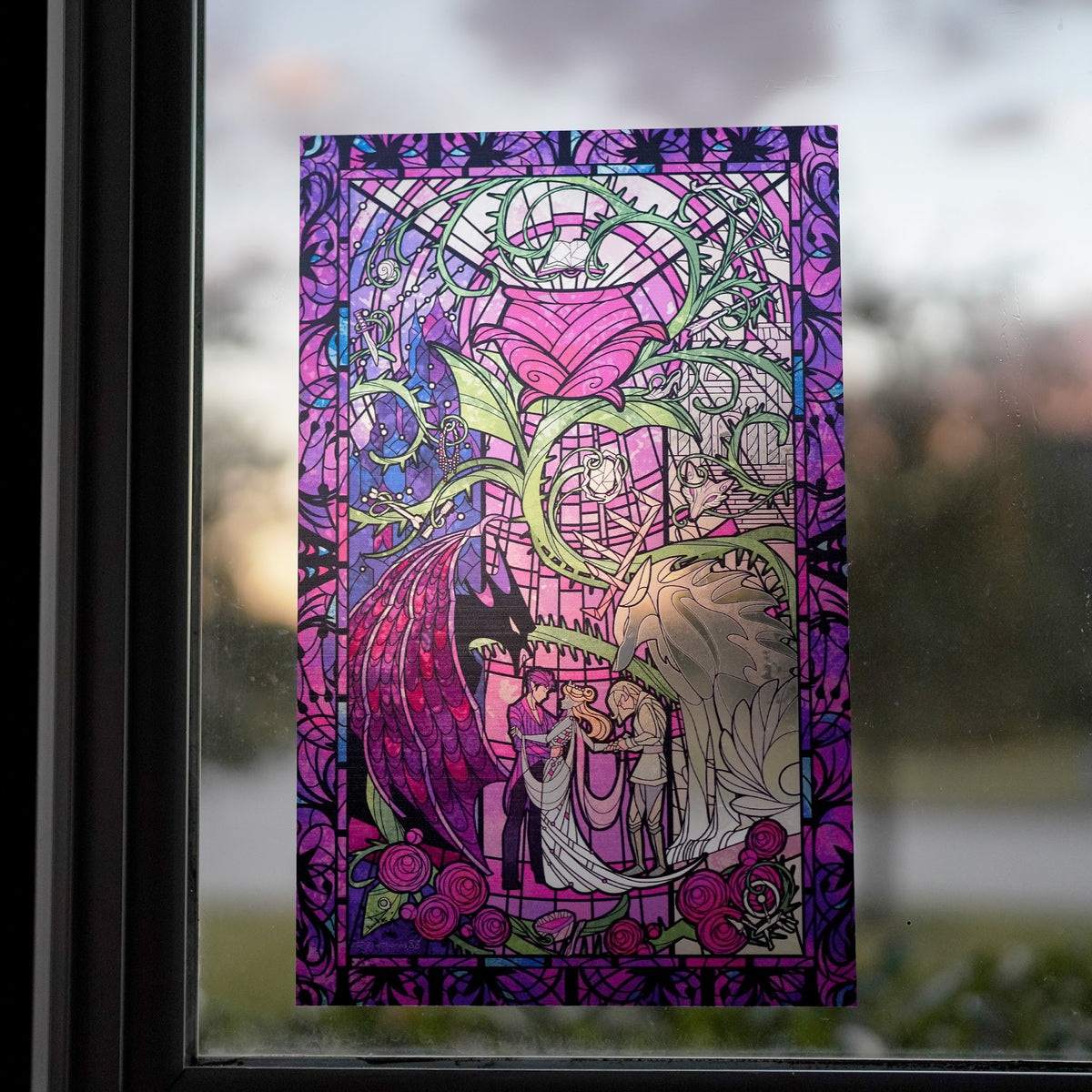 ACOTAR Window Cling is stained-glass-inspired art of Feyre and Tamlin wedding with Rhysand. Rose like Beauty and the Beast.