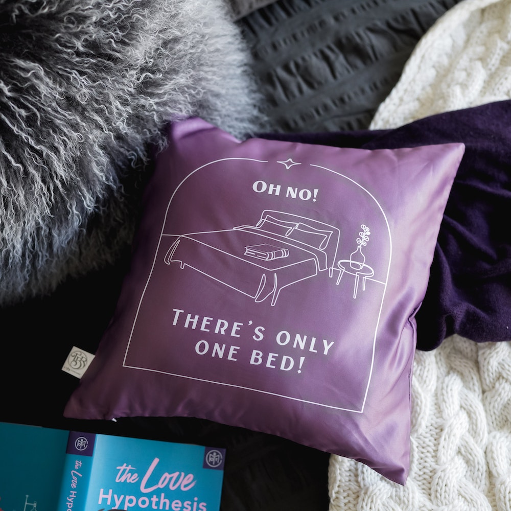Purple Only One Bed Trope Pillowcase with an image of a bed and the quote: &quot;Oh no! There&#39;s only one bed!&quot;