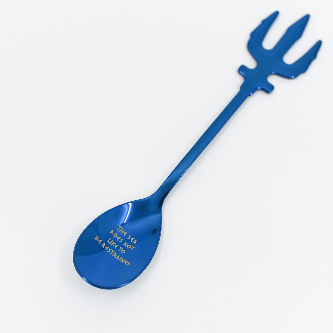Metallic blue Demigod Teaspoon with a trident handle and the phrase &quot;The sea does not like to be restrained&quot;