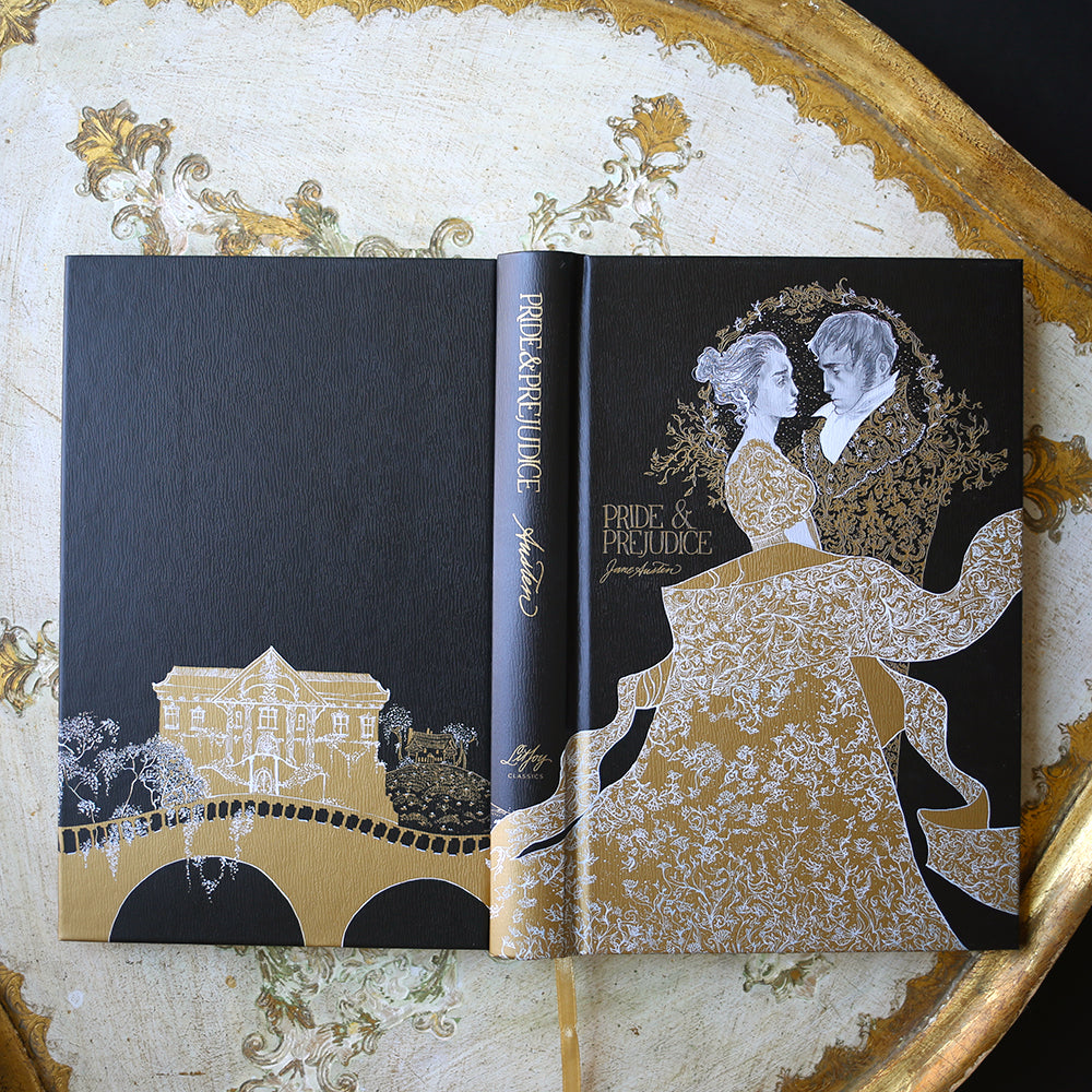 Special Edition of Pride and Prejudice by Jane Austen with gold and white illustration of Elizabeth and Mr. Darcy on a black hardcover book and a slip case