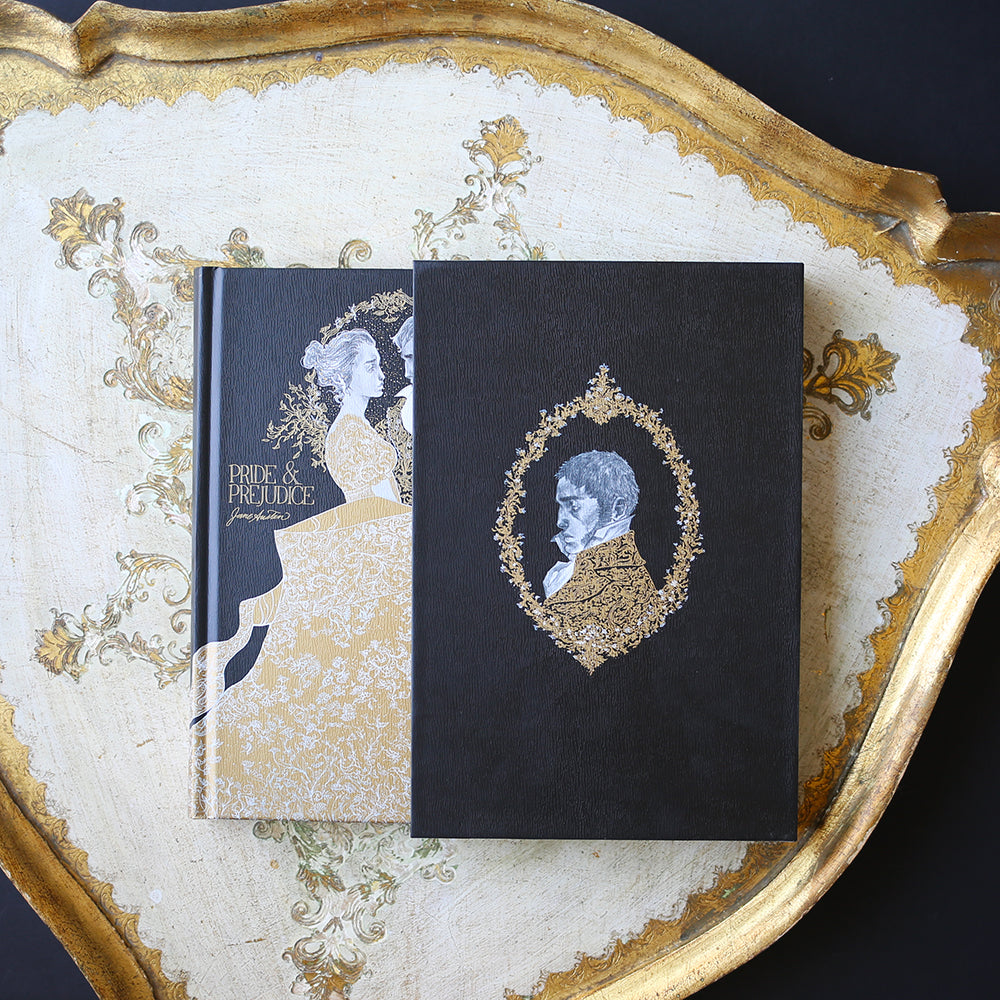 Special Edition of Pride and Prejudice by Jane Austen with gold and white illustration of Elizabeth and Mr. Darcy on a black hardcover book and a slip case