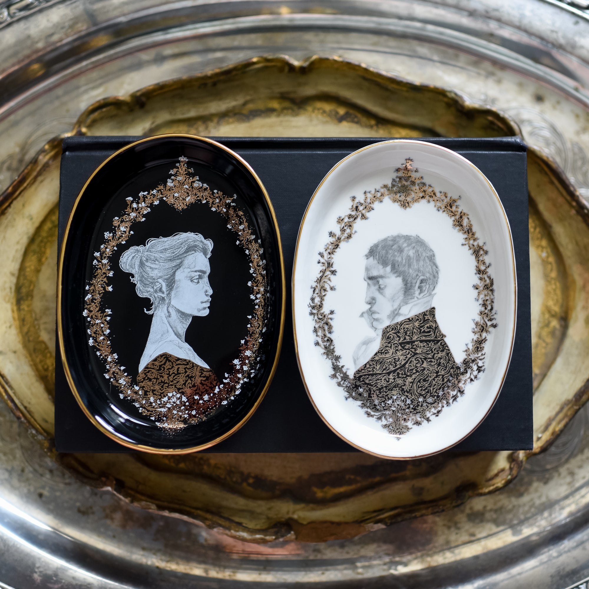 Pride & Prejudice Trinket Dish - this includes two oval dishes: black dish with Elizabeth and white dish with Mr. Darcy