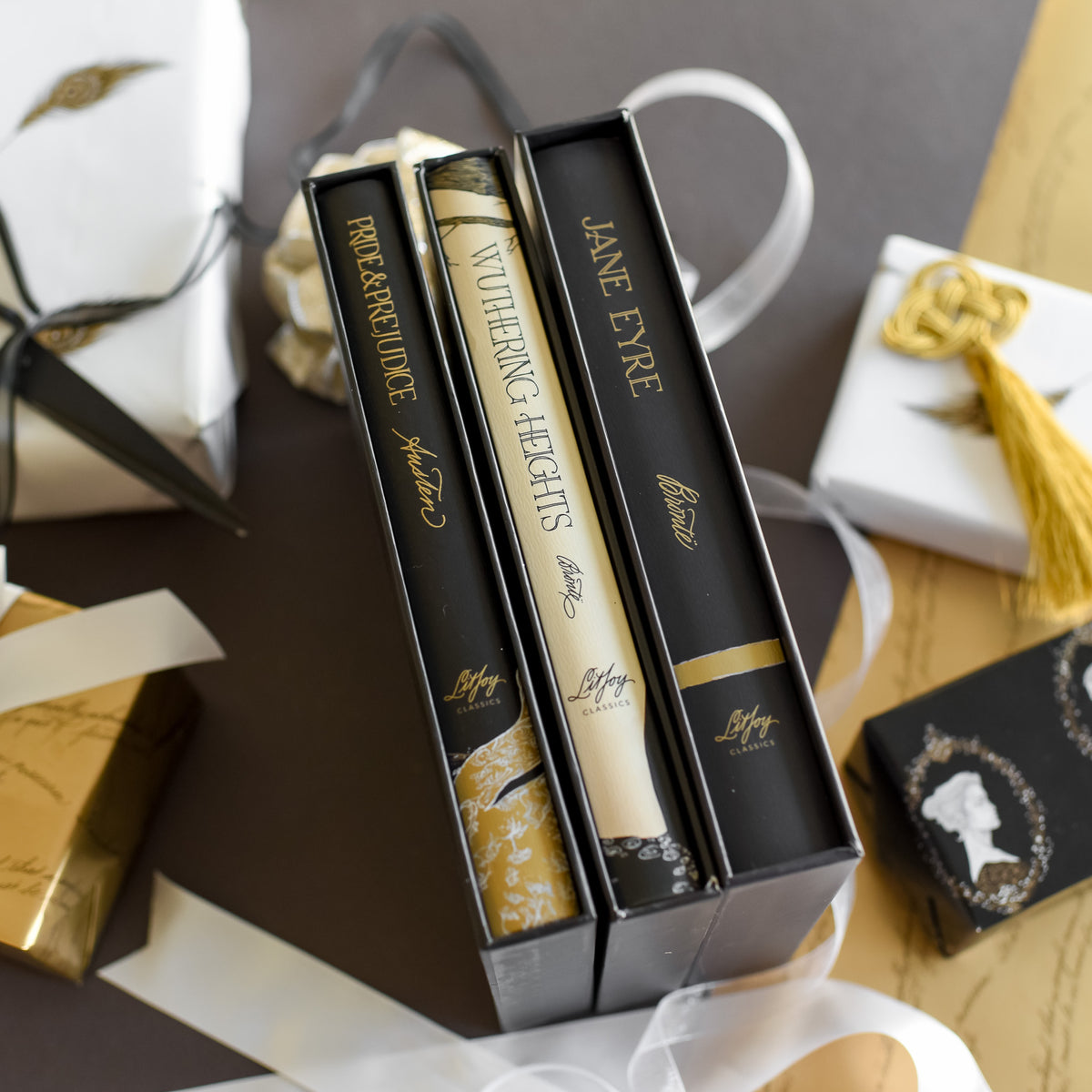 Classic Book Romantic Collection with black and gold special editions of Pride and Prejudice, Wuthering Heights, and Jane Eyre
