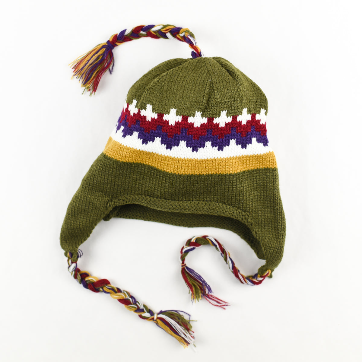 Knitted olive Animal Cracker Beanie with white, red, purple and gold design and long braided yarn on top and on earflaps