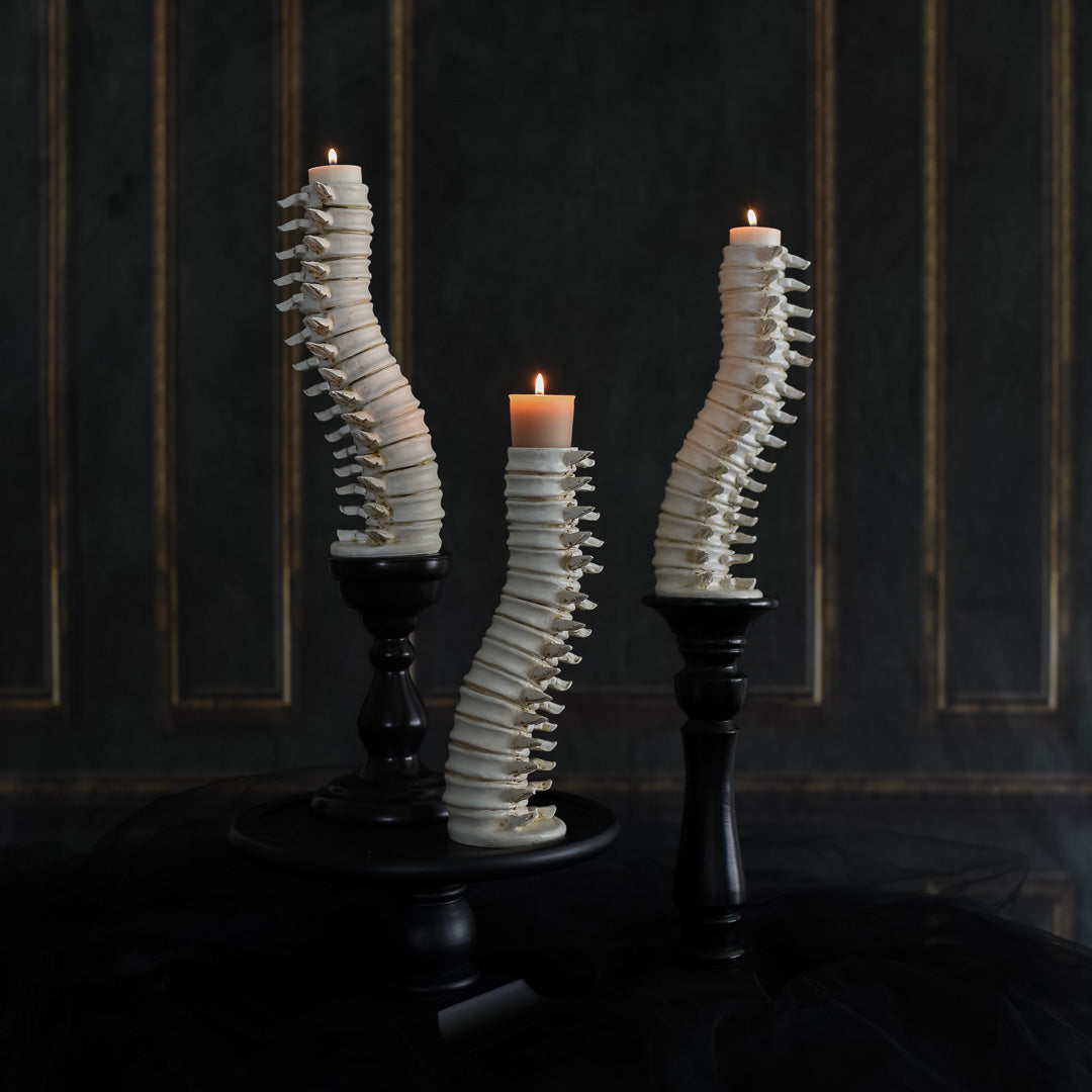 Spine Candle Holder is white vertabrae stacked on each other to resemble a candle holder made of bones and a tea light on top