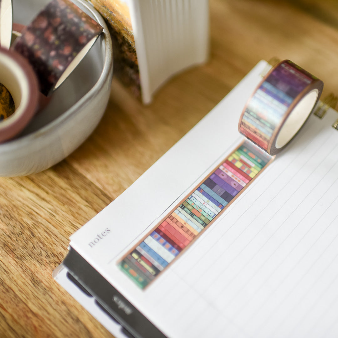 Patterned Washi Tape of a bookshelf with the spines of many different colored books