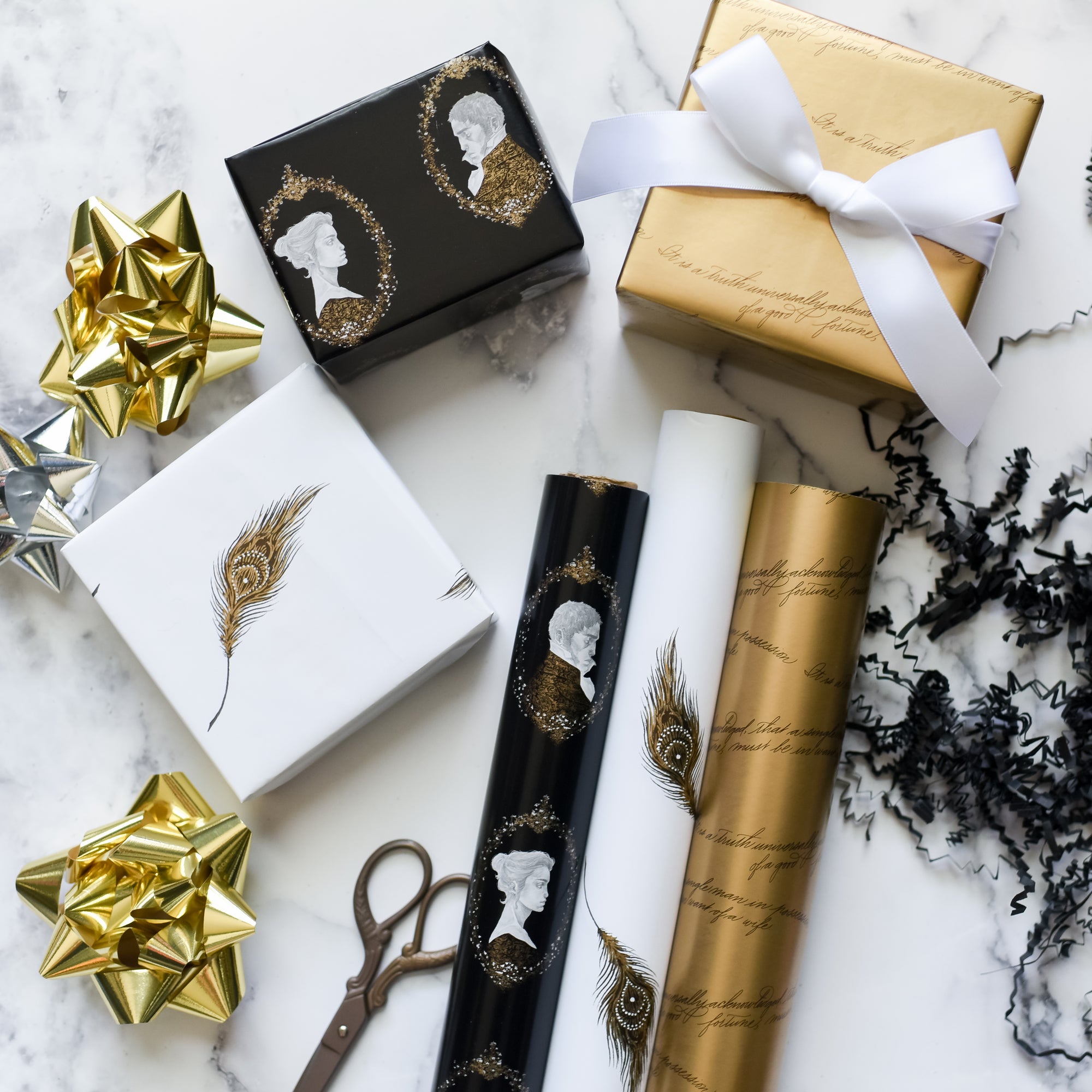 Black, white, and gold Classic Literature Wrapping Paper