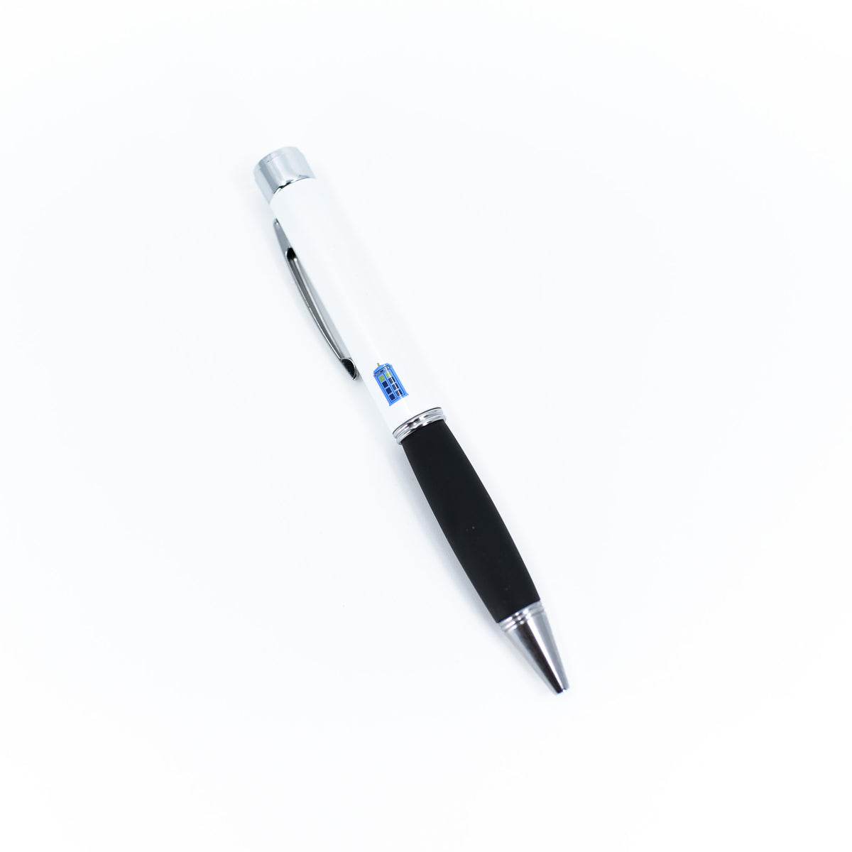 White Doctor Who light pen with blue TARDIS symbol and black pen grip
